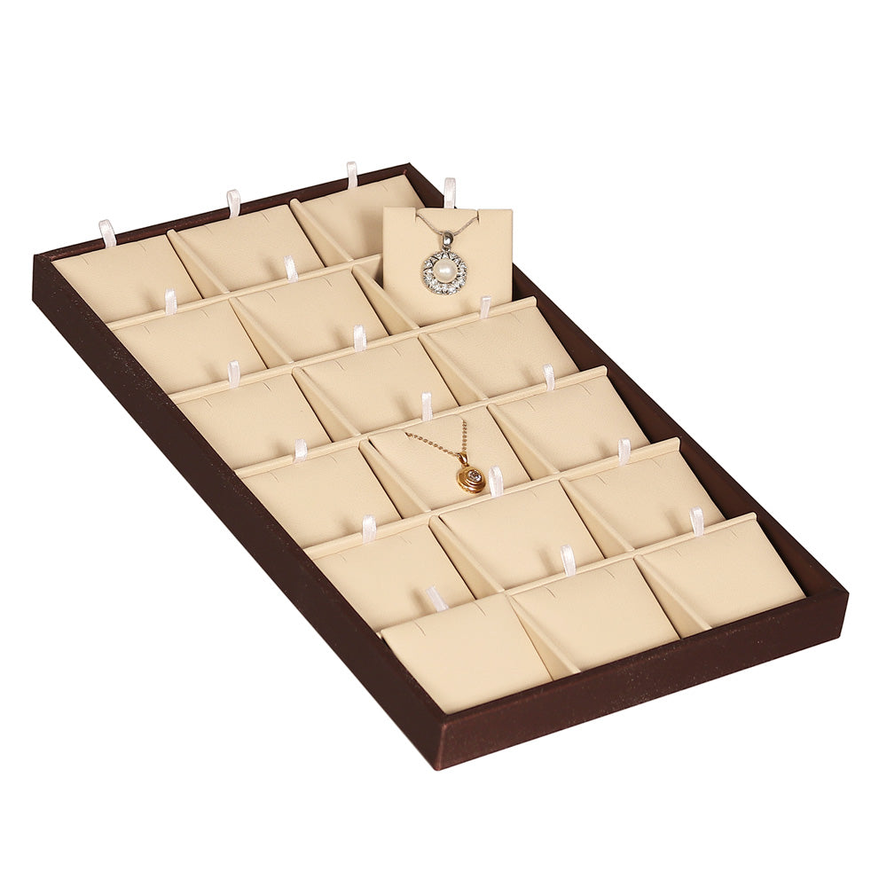 Standard Display Tray — Earring Tray (18) — 8 1/4″ x 14 5/8″ x 1″ H — Beige Faux Leather w/ Steel Brown Trim