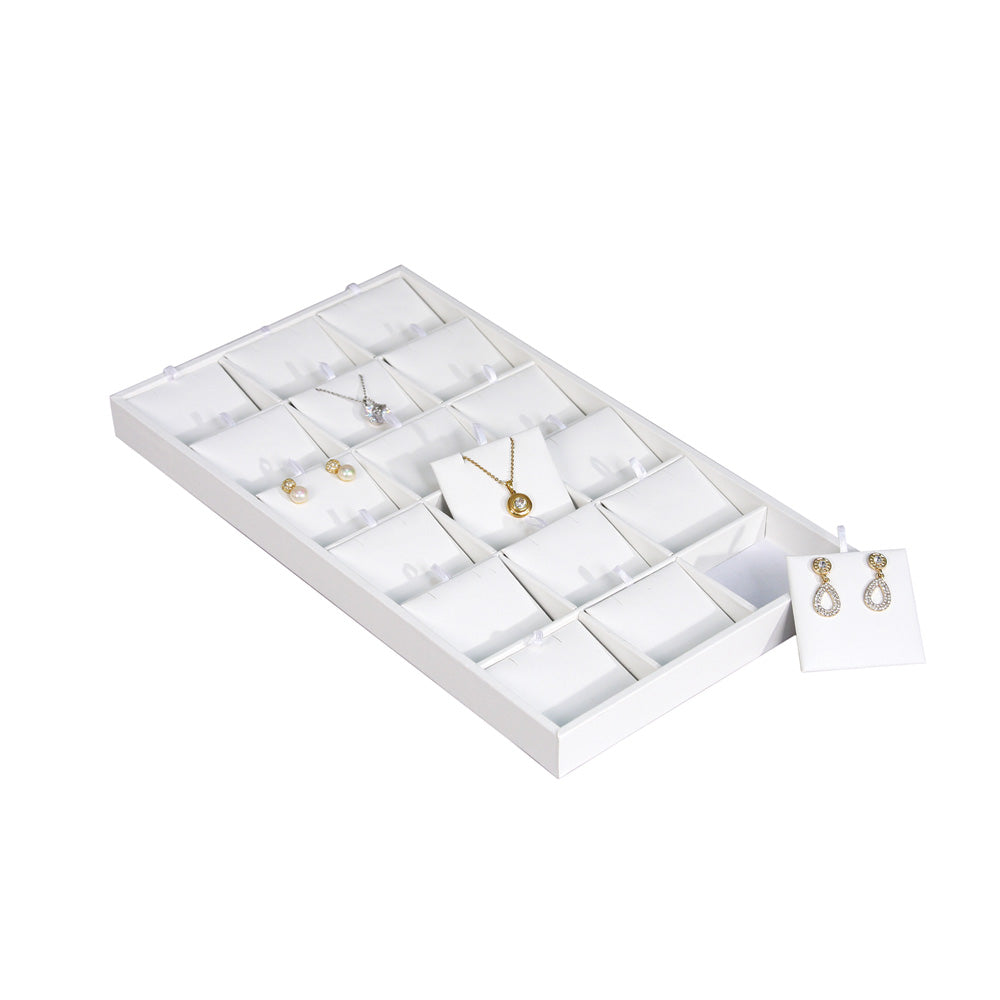 Standard Display Tray — Earring Tray (18) — 8 1/4″ x 14 5/8″ x 1″ H — All White Faux Leather