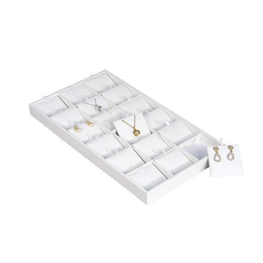 Standard Display Tray — Earring Tray (18) — 8 1/4″ x 14 5/8″ x 1″ H — All White Faux Leather