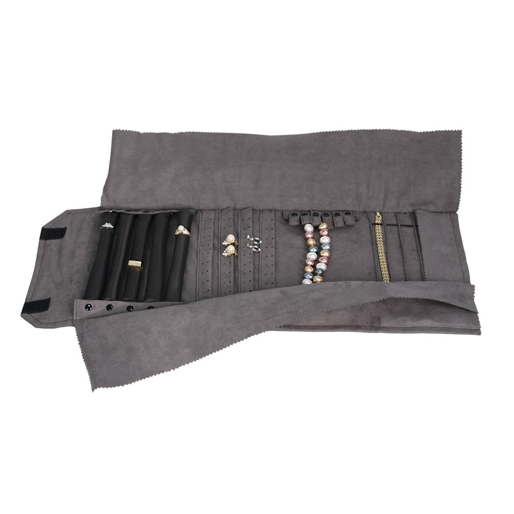Jewelry Rolls — Combination — Chain 6 Snaps, Earring 40 Pr., Bracelet 5 Sections, Ring 5 Tubes — Grey Suede