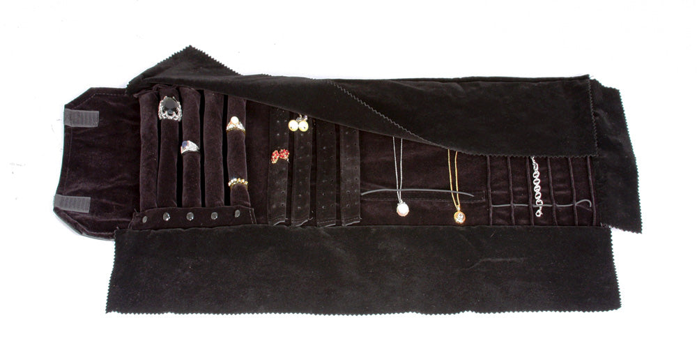 Jewelry Rolls — Combination — Chain 6 Snaps, Earring 40 Pr., Bracelet 5 Sections, Ring 5 Tubes — Black Faux Leather Quilted