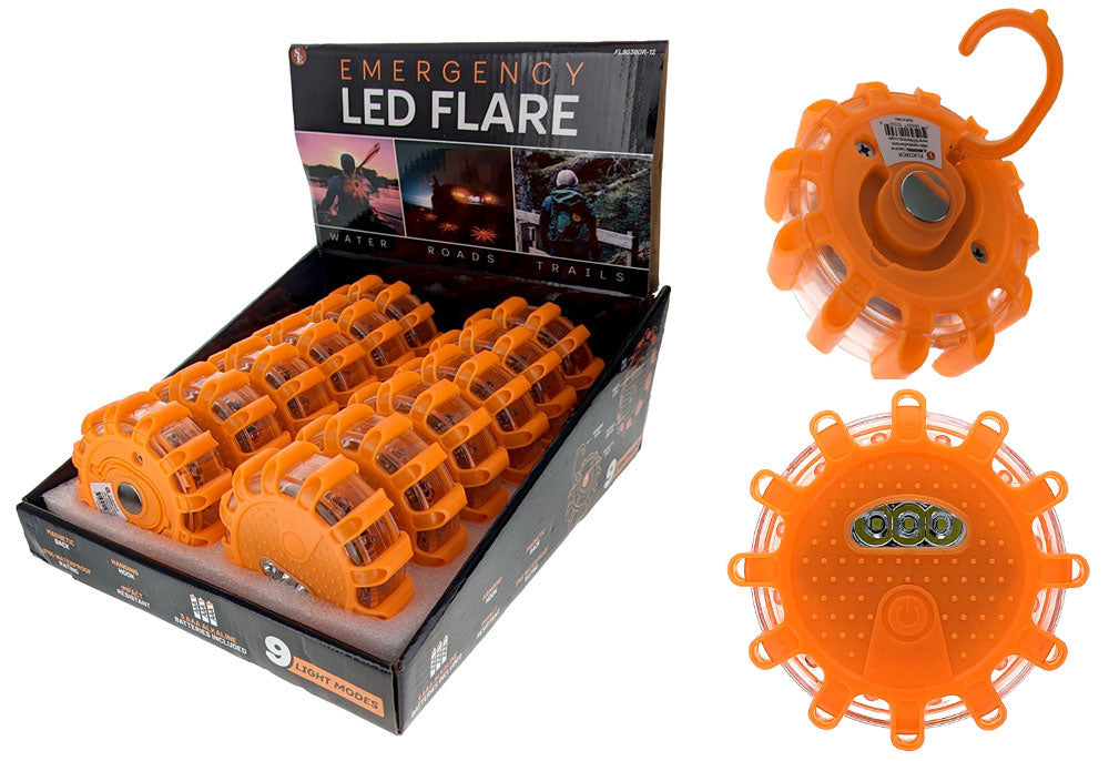 12-piece display of 15 LED Orange Emergency Flare Lights, including 3AAA Alkaline Batteries