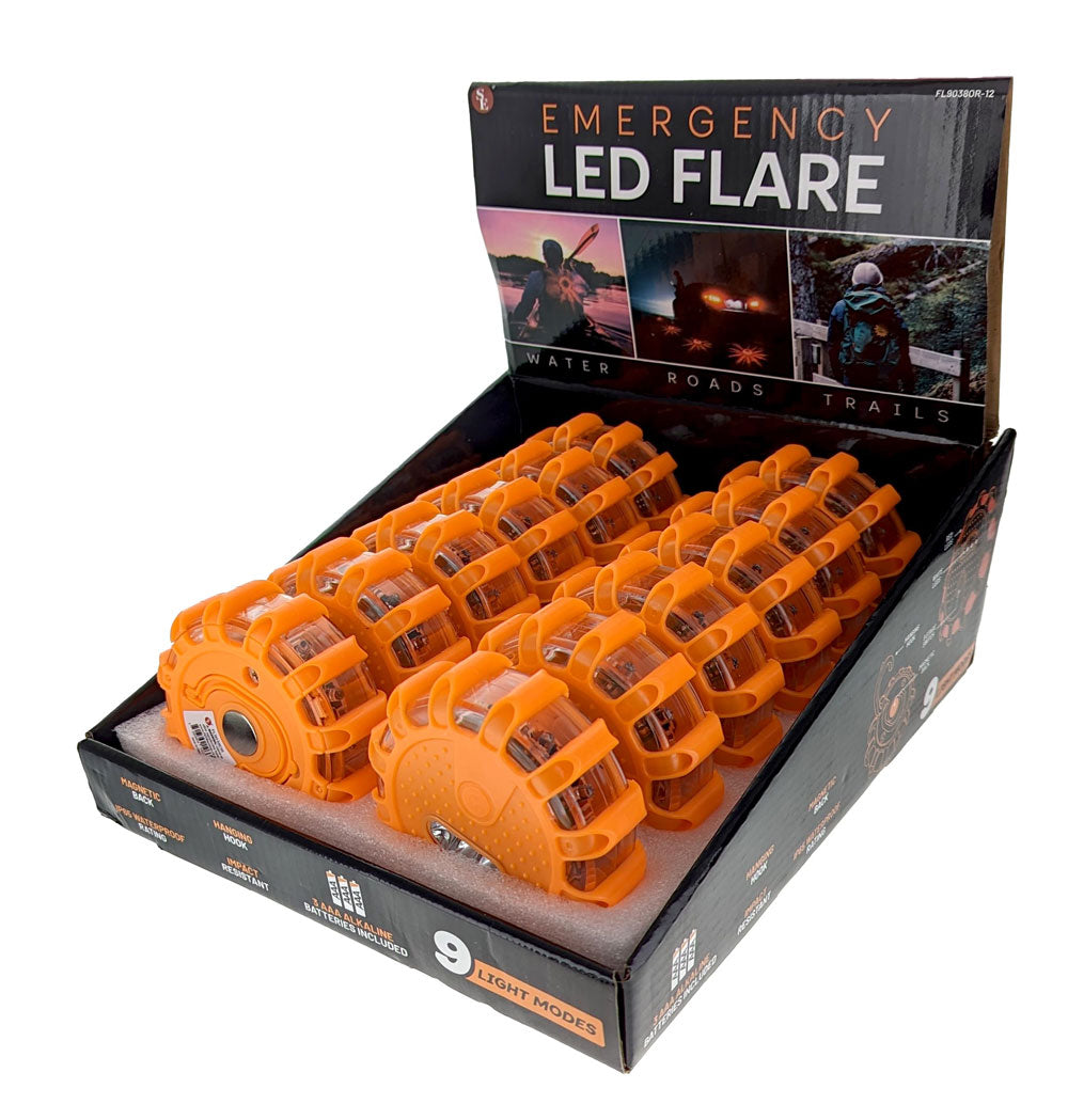 12-piece display of 15 LED Orange Emergency Flare Lights, including 3AAA Alkaline Batteries