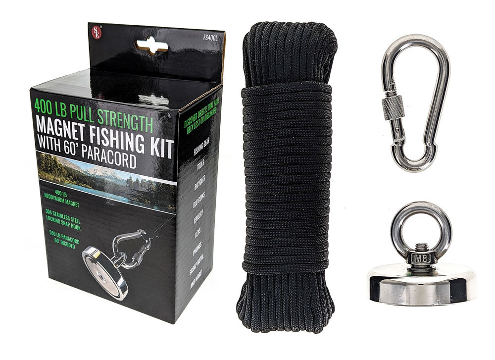 400 LB Pull Strength Magnet Fishing kit with 60'/500 Lb Paracord and 304 Stainless Steel Snap Hook