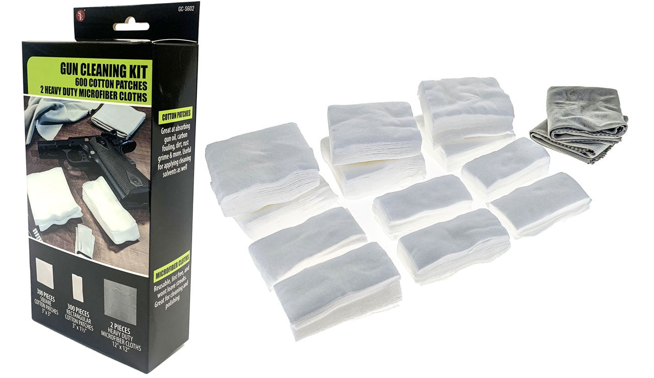 602-piece set: Includes 600 Cotton Gun Cleaning Patches and 2 Heavy Duty Microfiber Cloths