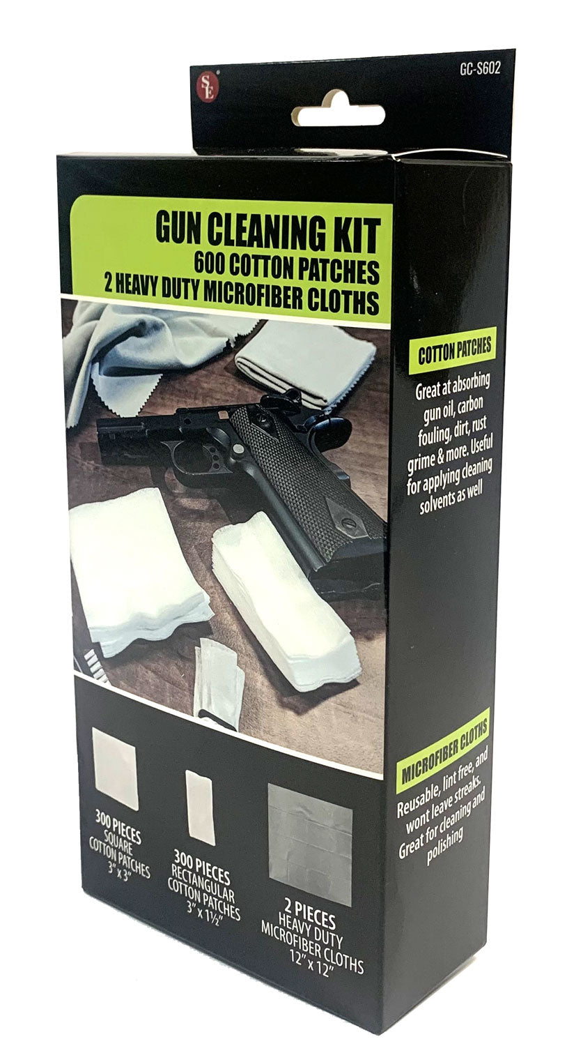 602-piece set: Includes 600 Cotton Gun Cleaning Patches and 2 Heavy Duty Microfiber Cloths