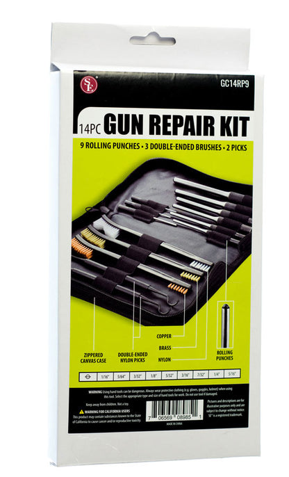 14Pc Gun Repair Kit in a Zippered Case, 9Pc Rolling Punch, 3Pc Double Ended Brush, 2Pc Double Ended Picks