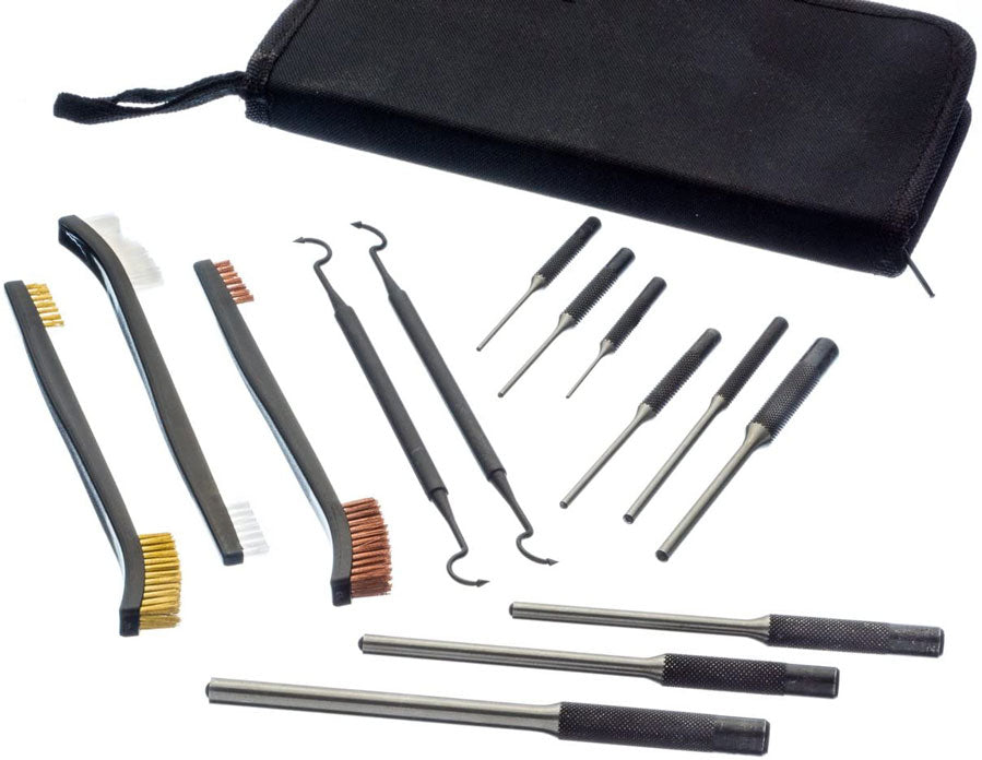 14Pc Gun Repair Kit in a Zippered Case, 9Pc Rolling Punch, 3Pc Double Ended Brush, 2Pc Double Ended Picks