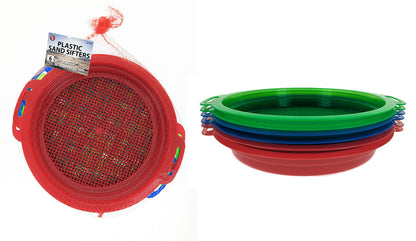 6-piece set of 8.5" Plastic Sand Sifting Pan, Gold Pannings in a Mesh Bag, with 36 Holes Per Inch, in Red, Yellow, Blue, and Green colors