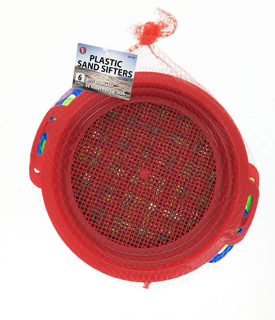 6-piece set of 8.5" Plastic Sand Sifting Pan, Gold Pannings in a Mesh Bag, with 36 Holes Per Inch, in Red, Yellow, Blue, and Green colors