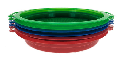 6-piece set of 8.5" Plastic Sand Sifting Pan, Gold Pannings in a Mesh Bag, with 36 Holes Per Inch, in Red, Yellow, Blue, and Green colors