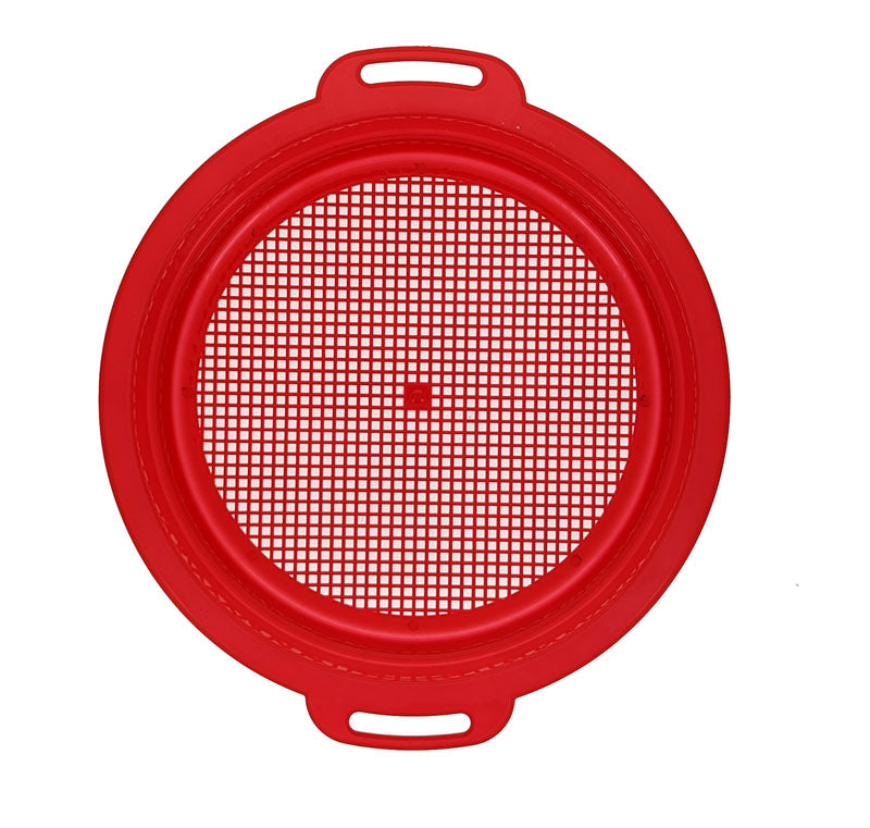 6-piece set of 8.5" Plastic Sand Sifting Pan, Gold Pannings in a Mesh Bag, with 36 Holes Per Inch, in Red, Yellow, Blue, and Green colors