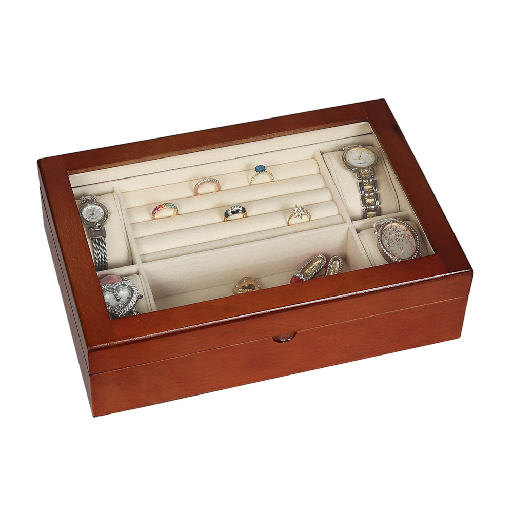 Glass Top Wooden Keepsake Case — Vintage Wood w/ Cream Suede Insert