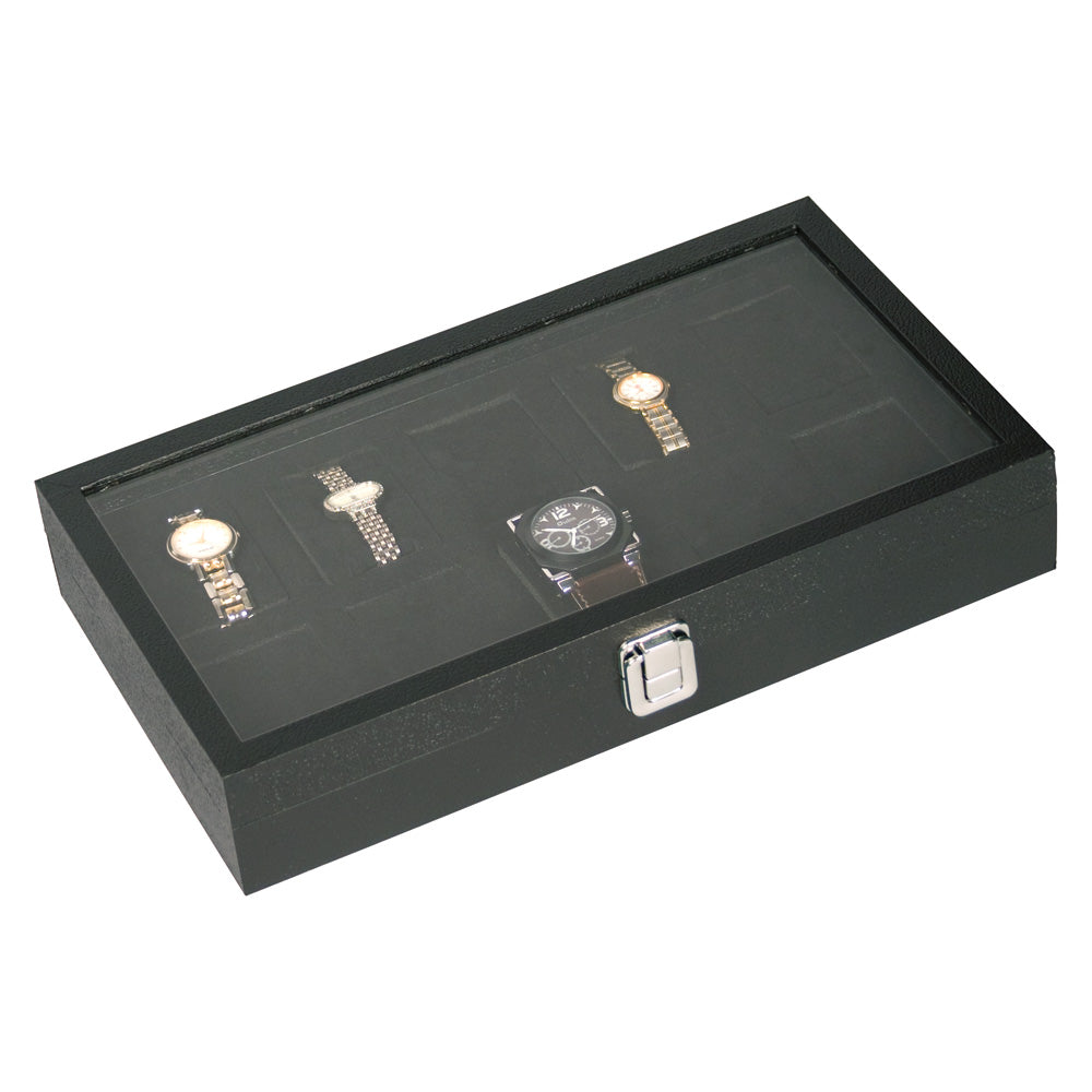 Glass-Top Wooden Watch Case — 2 5/8" H — 14 3/4 x 8 1/4" (37.5 x 21 x 6.7cm) — Black
