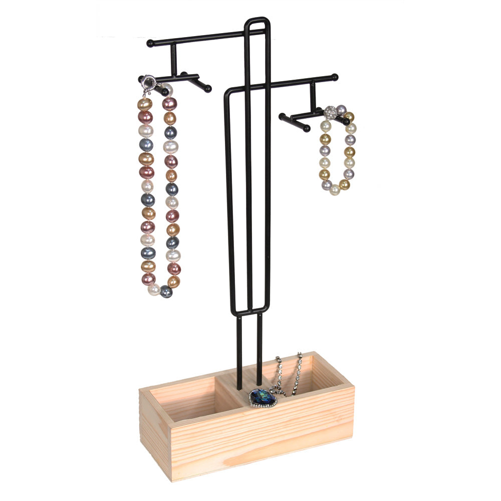 Black Metal With Natural Wooden Base Display — Necklace/Bracelet — 8 5/8 x 3 3/4 x 18 3/4" H — Black Metal w/ Natural Wood