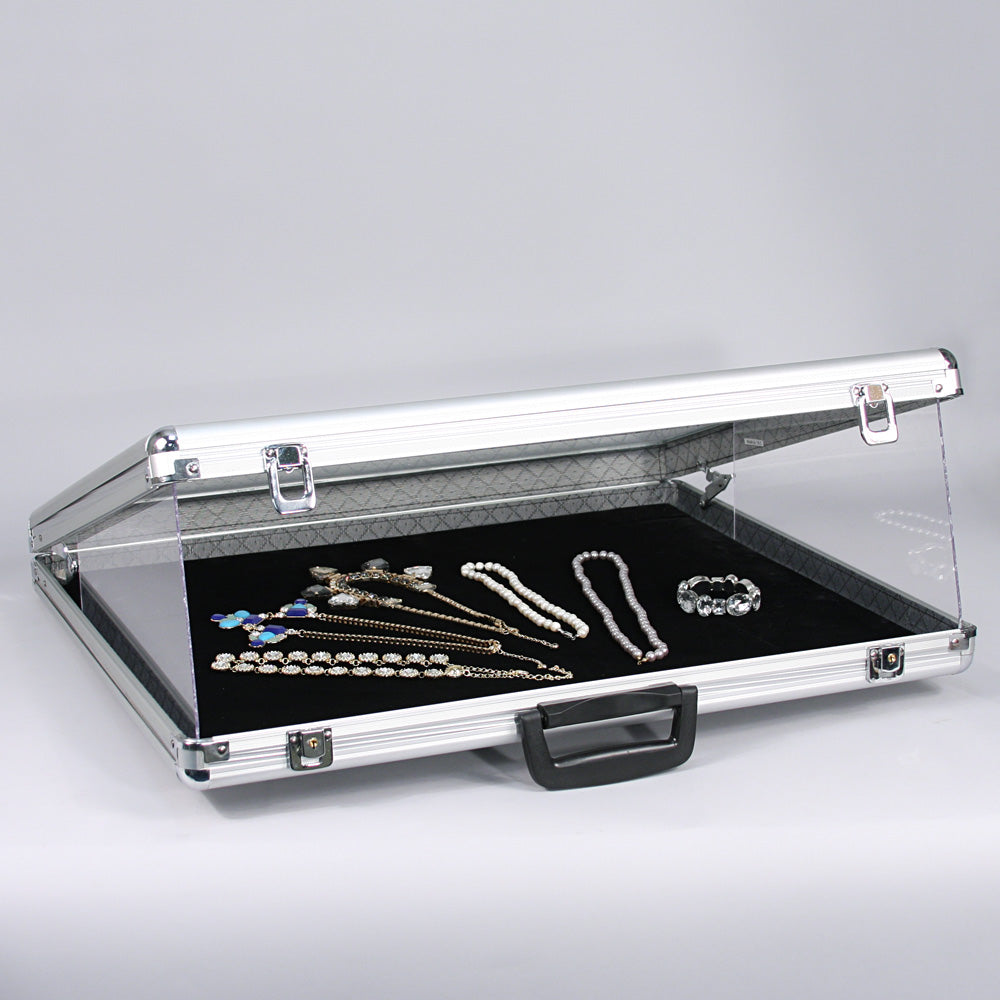 Glass-Top Cases With Side Panels — Large Case — 34 x 22 x 3" H (86 x 56 x 8cm) — Silver Aluminum