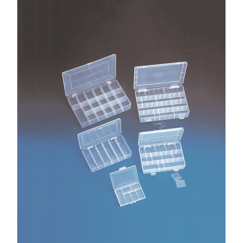 Plastic Storage Organizers with Lids — 6 Compartments — 4 3/4 x 3 1/2 x 3/4" H (120 x 89 x 21mm) — Frosted Clear