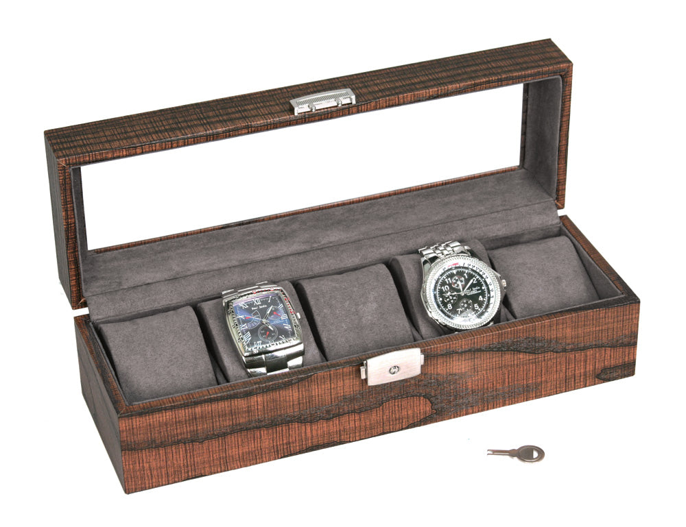 Glass Top Wood Grain Watch Cases — Holds 5 Watches — 11 5/8 x 4 x 3 1/4" H (295 x 100 x 85mm) — Wood Grain w/ Grey Faux Suede