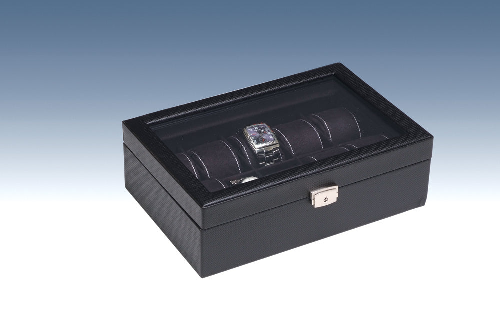 Premium Carbon Fiber Watch Cases — Glass Top — 10 Watches — 11 5/8 x 8 x 3 3/4" H (29.5 x 20 x 9.5cm) — Simulated Carbon Fiber w/ Black Interior