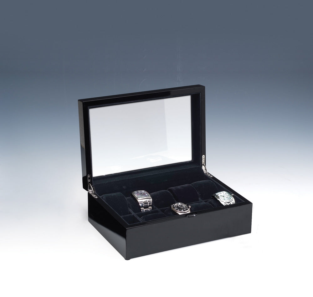 High Gloss Black Finish Wood Watch Cases — 10 Watches — 12 x 8 1/8 x 4" H (30.5 x 20.5 x 10cm) — High Gloss Black w/ Black Velvet