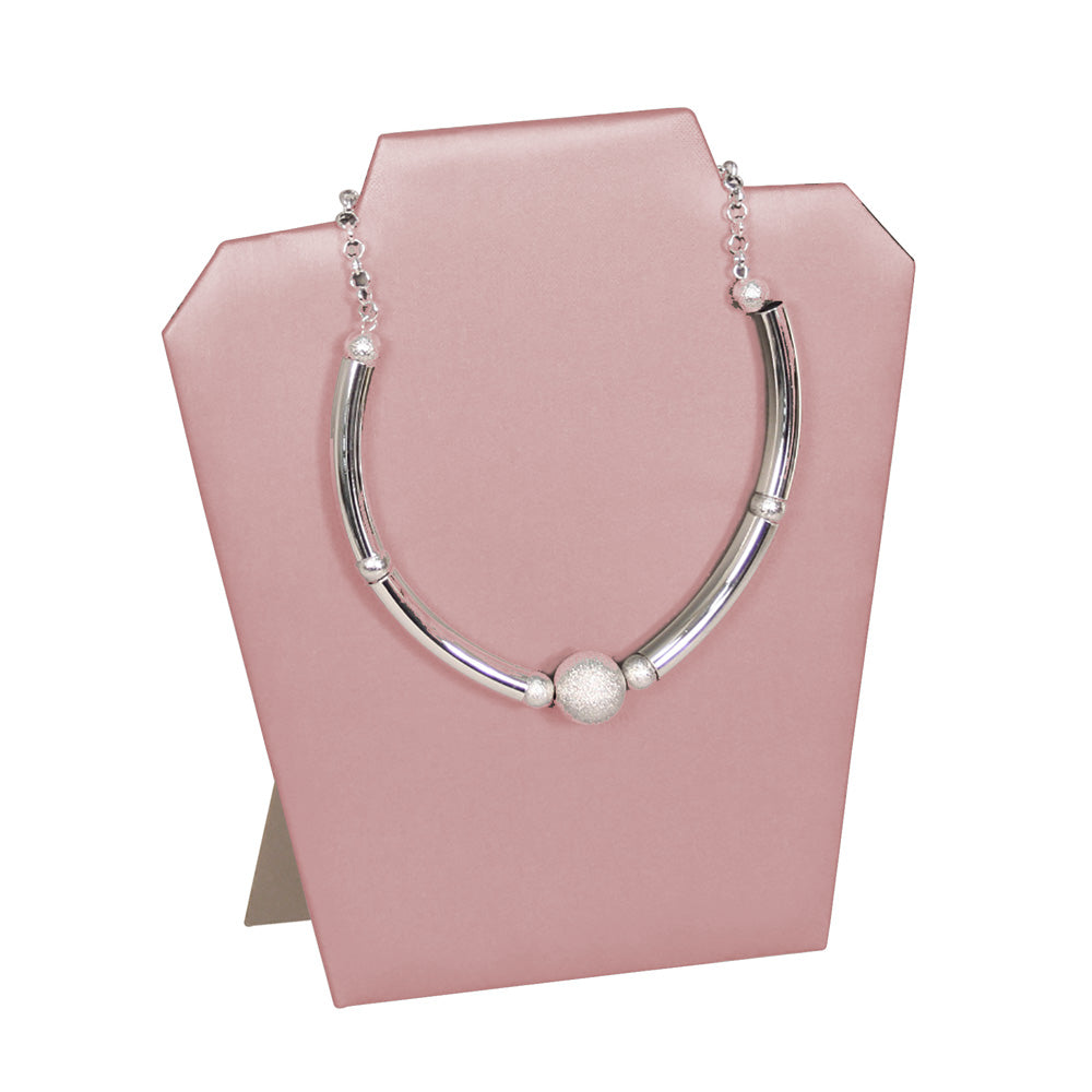 Modern Shoulder Necklace Stand — 8 3/8 x 3 1/2 x 8 3/4" H — Steel Pink Faux Leather