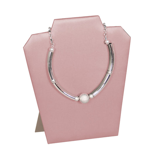 Modern Shoulder Necklace Stand — 8 3/8 x 3 1/2 x 8 3/4" H — Steel Pink Faux Leather