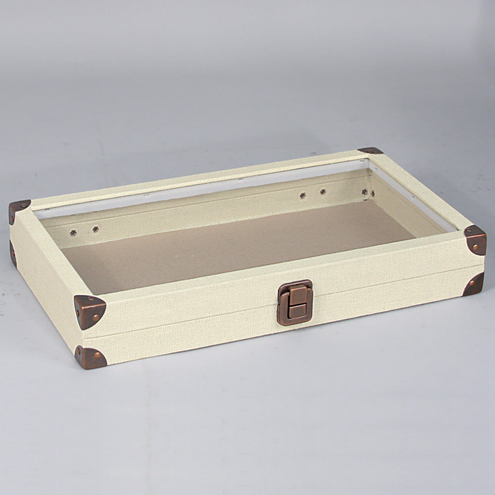 Glass-Top Burlap & Linen Cases — Beige Linen