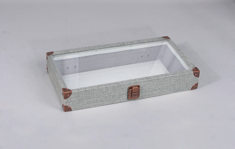 Glass-Top Burlap & Linen Cases — Grey Linen