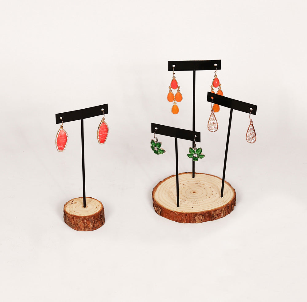 Wooden Base Earring Stand — 1-Pair T-Bar, Round Base — 1 3/4" Dia. x 4 7/8" H — Natural Wood