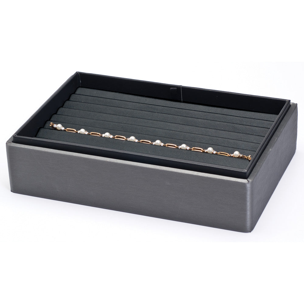 2″ H Stackable Display Trays — Bracelet (8) — Black Faux Leather w/ Steel Grey Tray