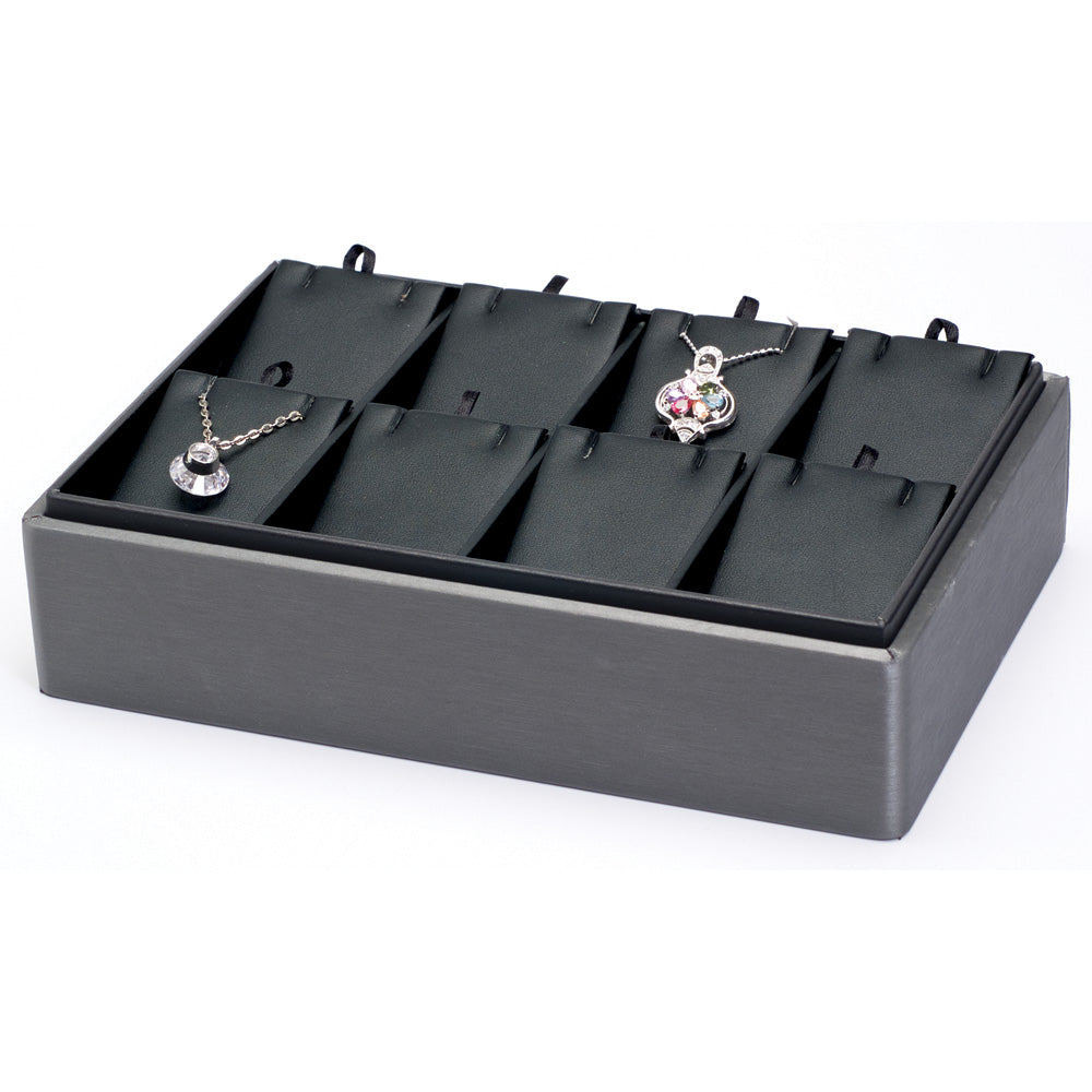 2″ H Stackable Display Trays — Pendant/Earring Pad (8) — Black Faux Leather w/ Steel Grey Tray