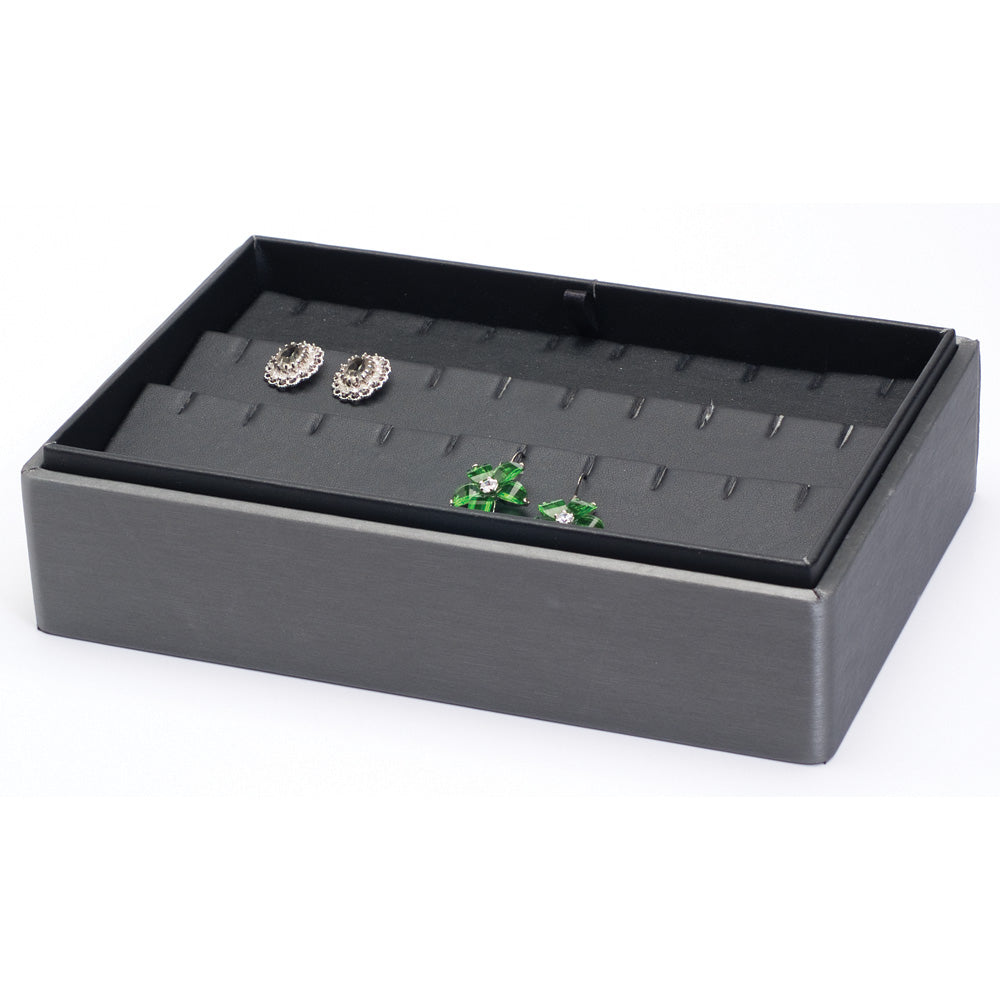 2″ H Stackable Display Trays — Earring (15 Pr.) — Black Faux Leather w/ Steel Grey Tray