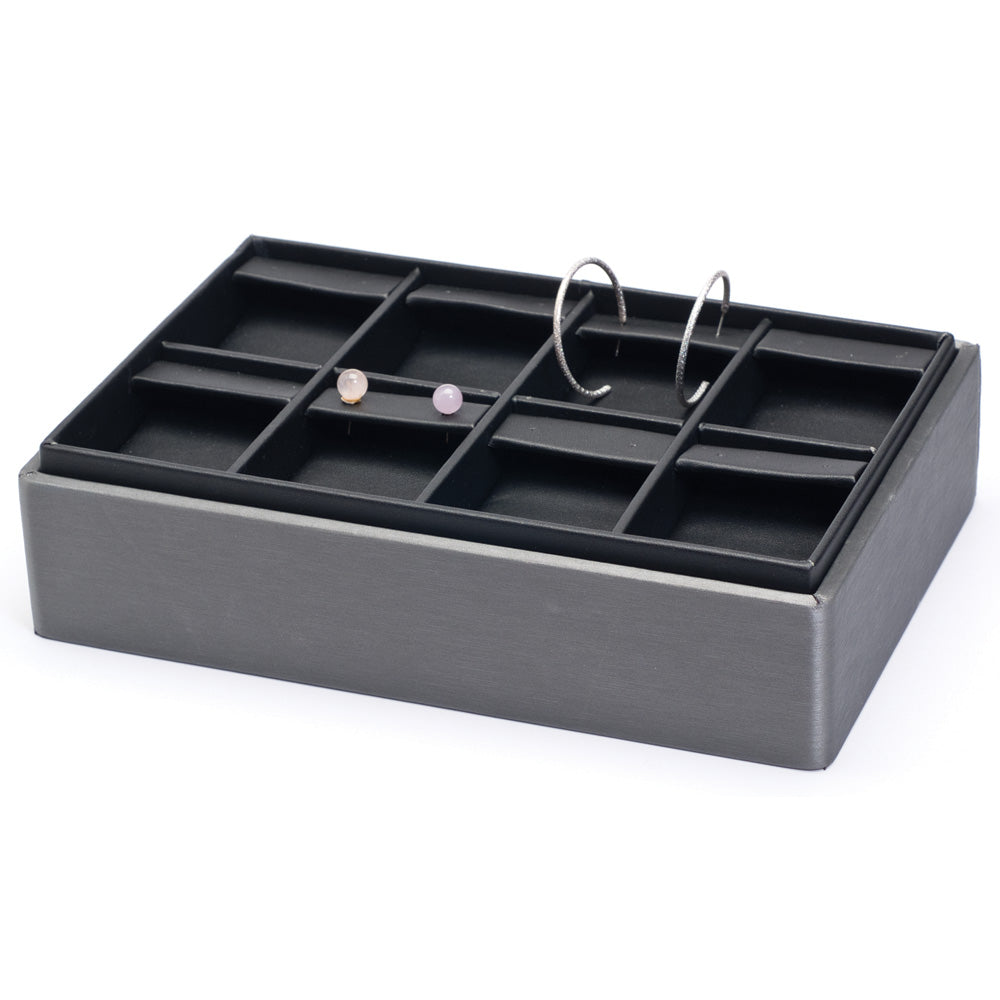 2″ H Stackable Display Trays — Earring Pad (8 Pr.) — Black Faux Leather w/ Steel Grey Tray