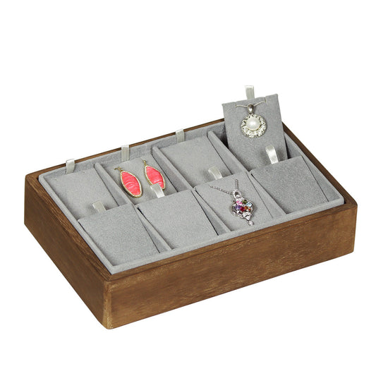 2″ H Stackable Display Trays — Necklace/Earring (1 Pr.)/Ring (3-Clip) — Grey Suede w/ Ashwood Tray