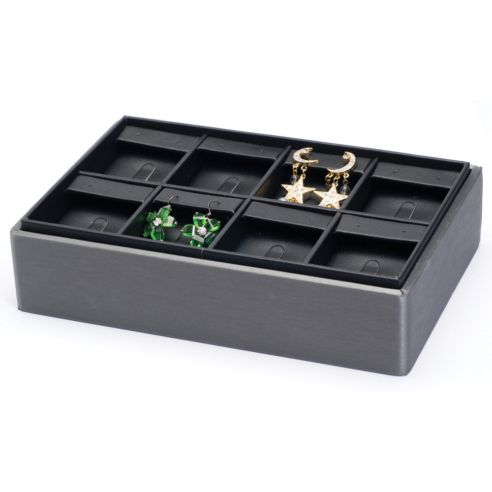2″ H Stackable Display Trays — Ring/Earring Combo Pad (8) — Black Faux Leather w/ Steel Grey Tray