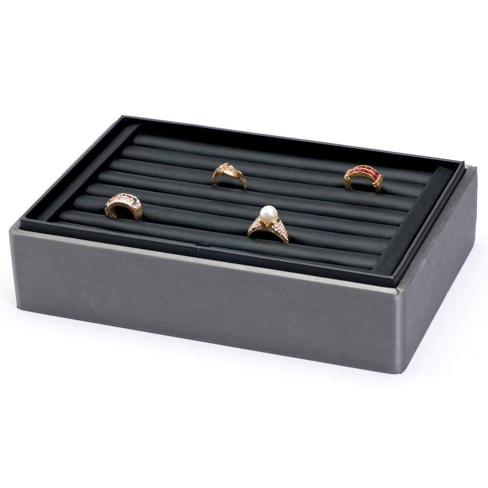 2″ H Stackable Display Trays — Ring (7-Row) — Black Faux Leather w/ Steel Grey Tray