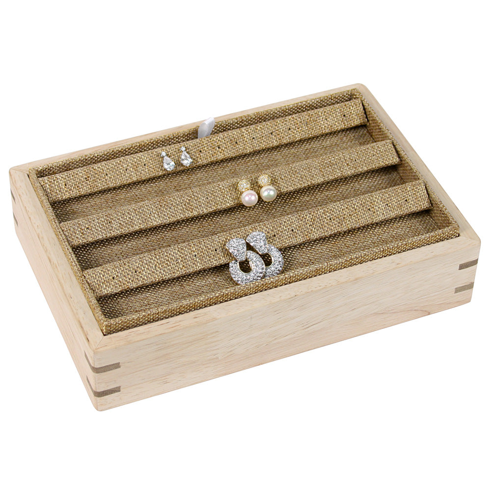 2″ H Stackable Display Trays — Earring (24 Pr.) — Burlap w/ Natural Wood Tray