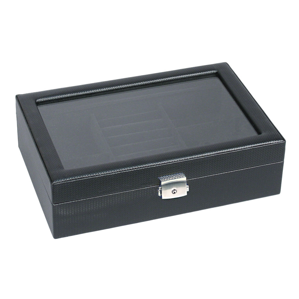 Glass Top Jewelry Organizers — 8-Slots / 5 Compartments — 11 5/8 x 8 x 3 1/4" H (29.5 x 20 x 8.5cm) — Black Carbon Fiber Pattern