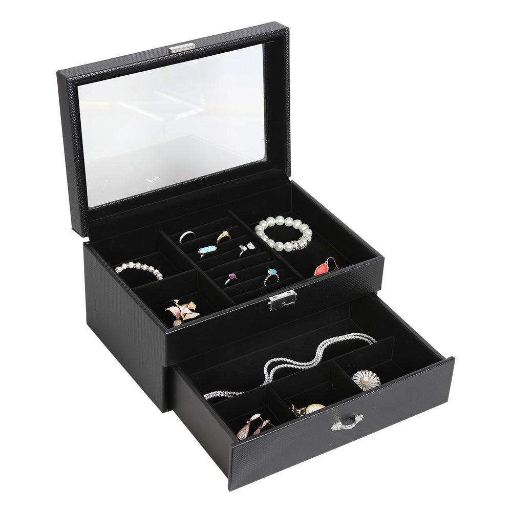 Glass Top Jewelry Organizers — 8-Slots / 7 Compartments — 11 5/8 x 8 x 6" H (29.5 x 20 x 15cm) — Black Carbon Fiber Pattern