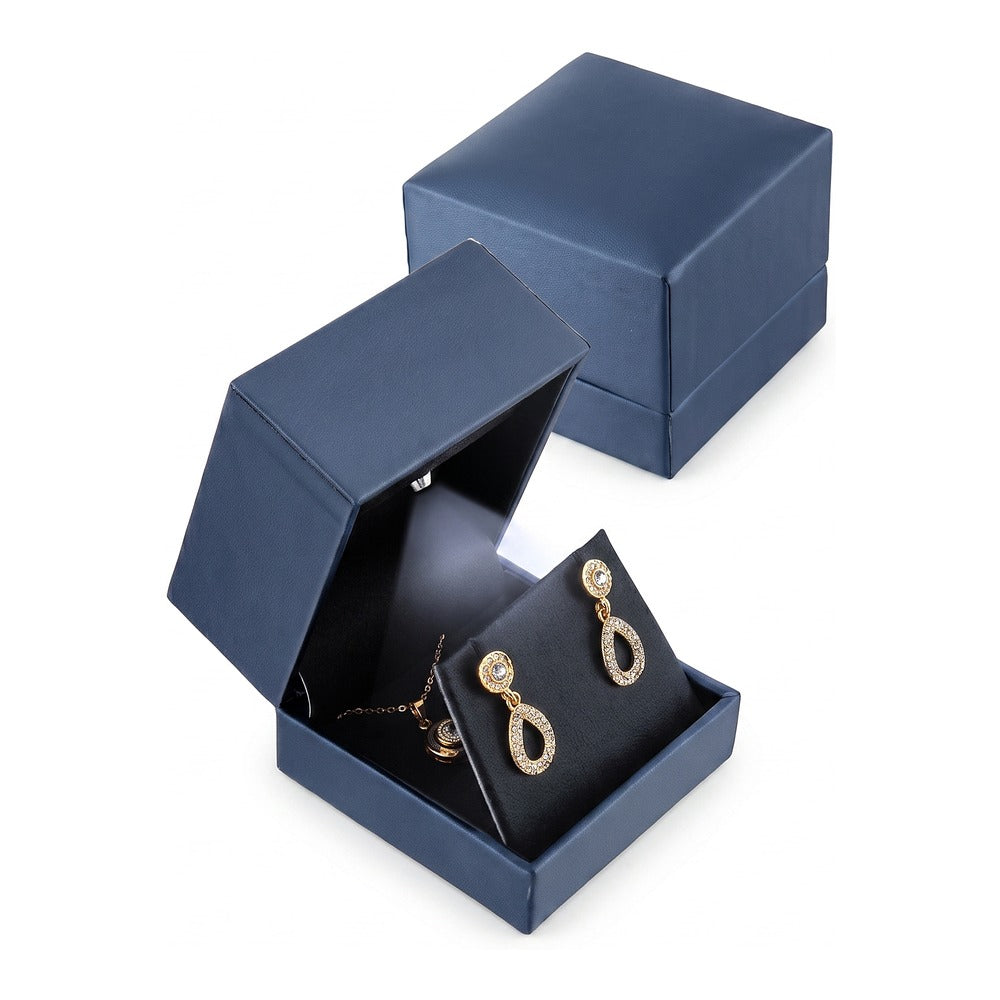 Earring/Pendant Box - LED Steel Faux Leather - Blue
