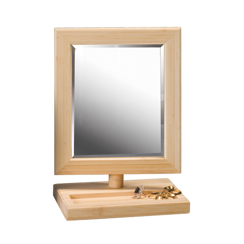Wooden Frame Mirror w/ Tray — Natural Wood