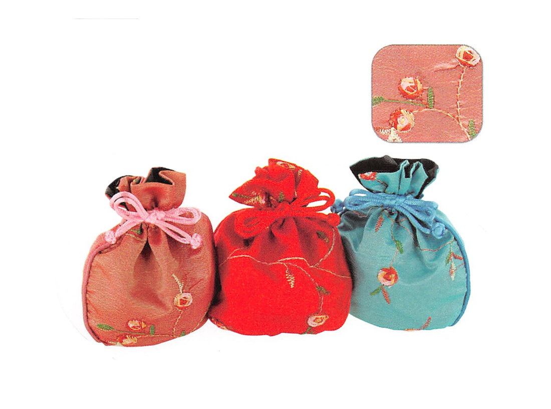 Tulip & Round Pouch — Assorted Silky Round Pouch w/ Embroidery Flowers — 4.25 x 4.25 in