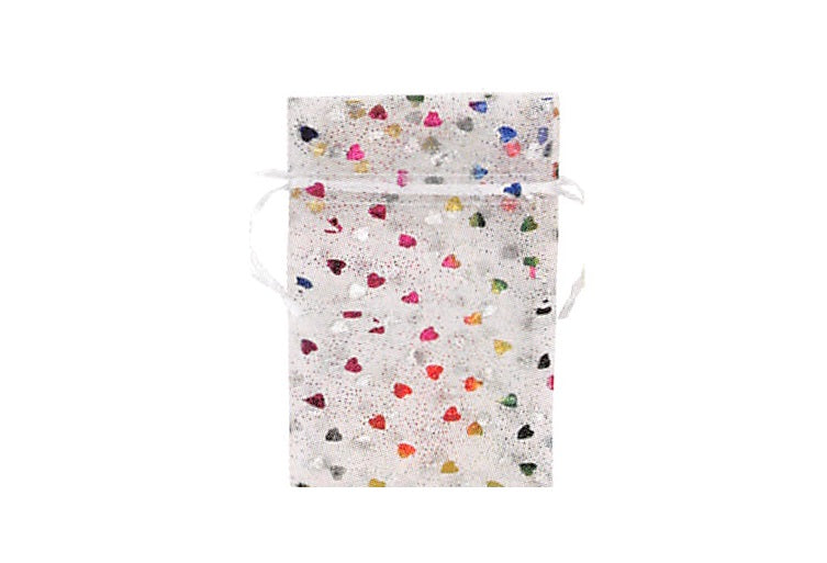 Sheer Organza Drawstring Pouch — Multi-Colored Heart White — 3 x 4 in