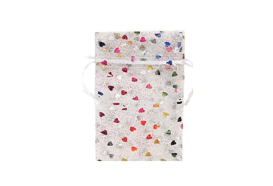 Sheer Organza Drawstring Pouch — Multi-Colored Heart White — 4 x 5 in