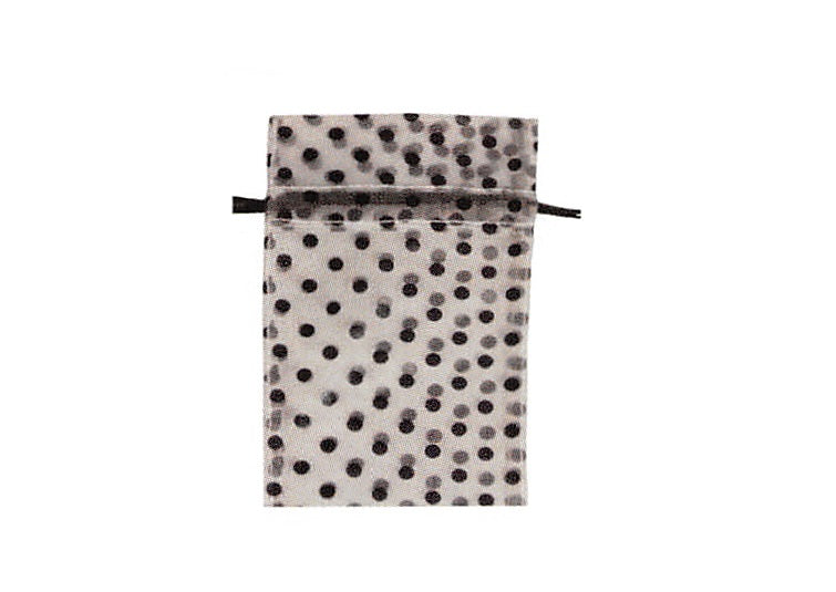 Sheer Organza Drawstring Pouch — White w/ Black Polka Dot — 1.75 x 2 in