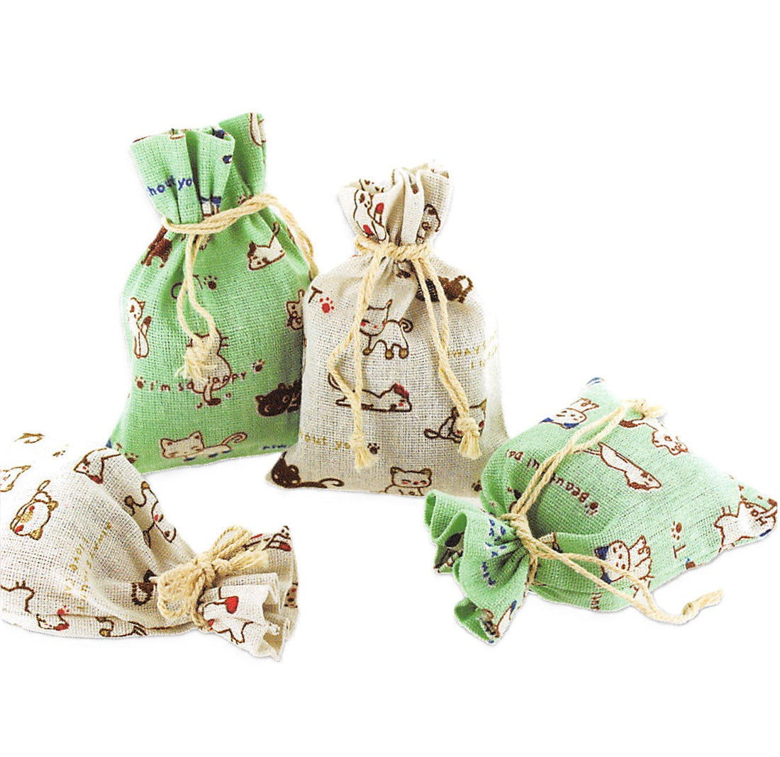 Linen Drawstring Pouch — Green Kitten Pattern Linen — 4 x 5 in