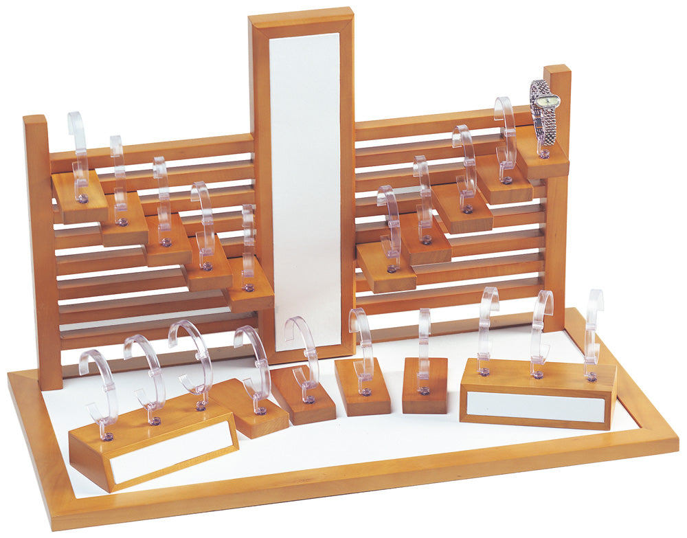 20-Watch Showcase Display Sets — White Faux Leather w/ Oak Finish Trim