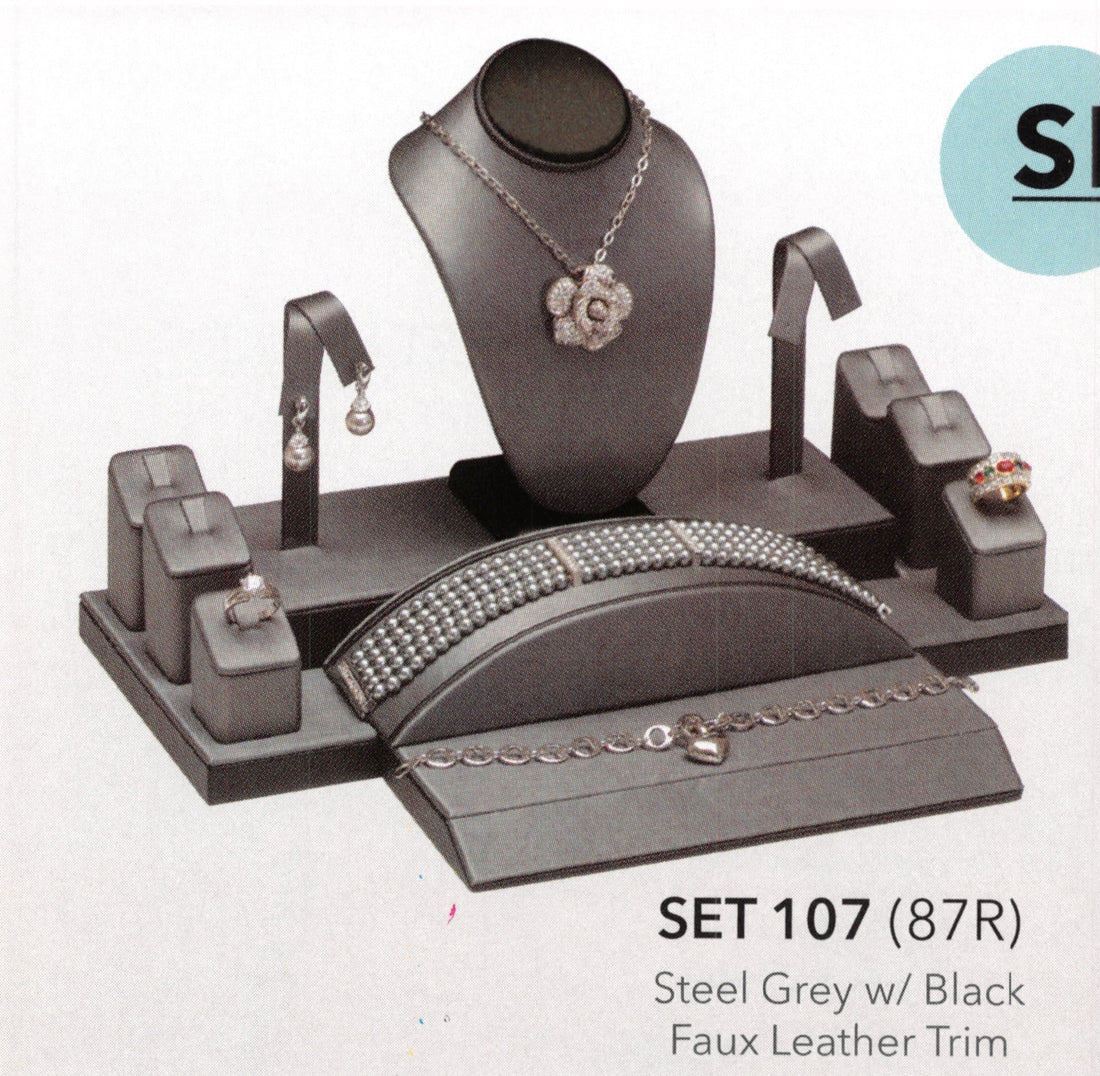 MINI DISPLAY SET-6RING,2EARRING,1NECK,1RAMP — Stl Gry Faux Leather Wit