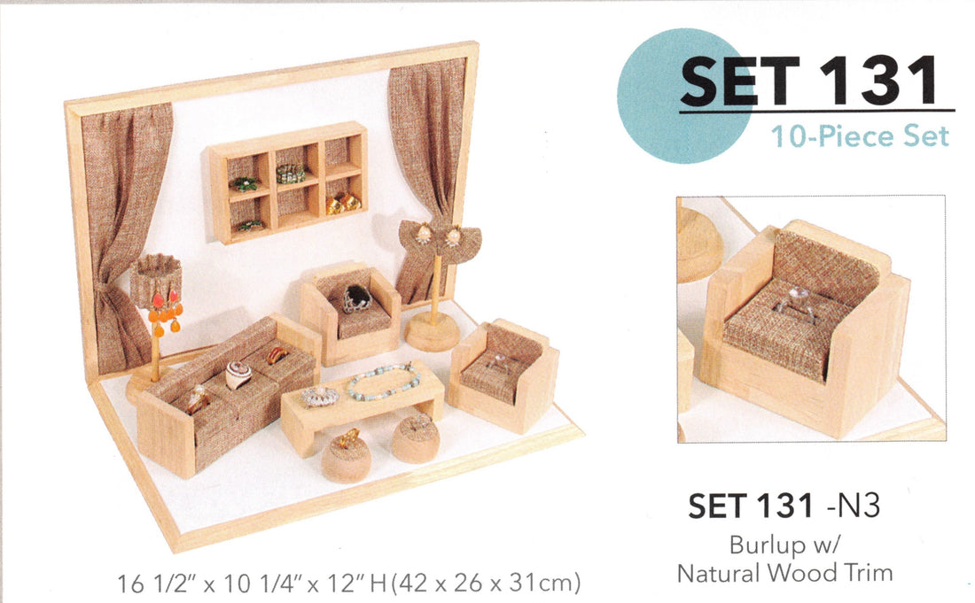 Mini sofa set & background — natural wood, burlap