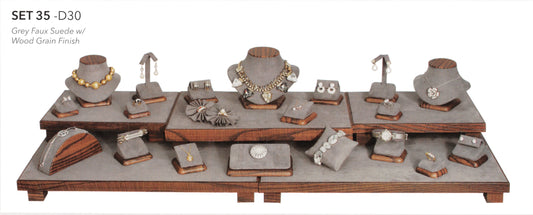 5-Ring display -Grey Suede w/Wood Grain Trim